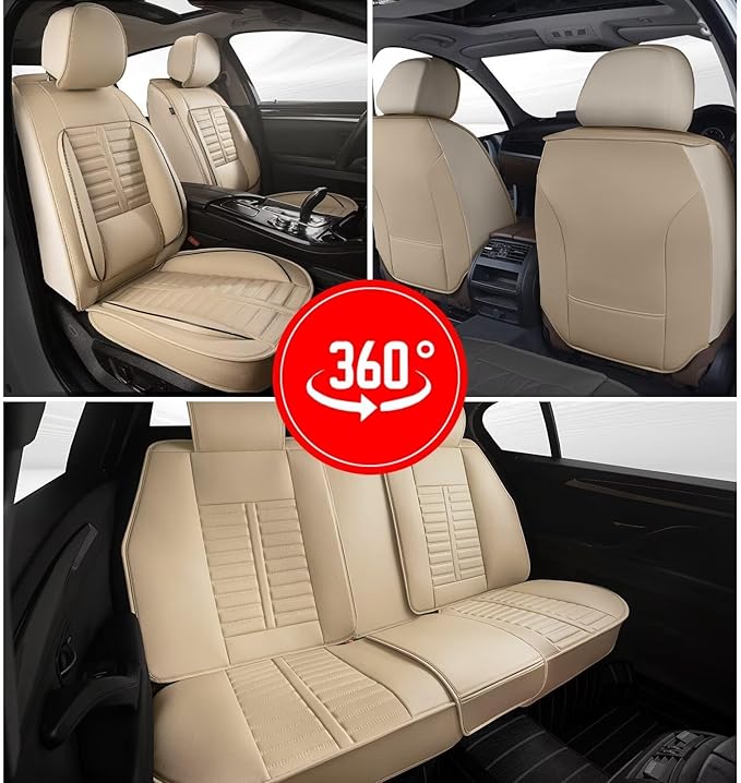 Seat Covers Fit for Toyota Highlander:2008-2025 Full Set with Lumbar Support Airbag Compatible Premium Faux Leather Waterproof Car Seat Cushion (5 Seats Beige)