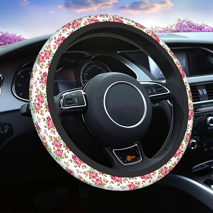 Swono Rose and Leaves Pink Car Steering Wheel Cover Universal 15 Inch with Grip Contours Beautiful Floral Pattern with Red Rose Neoprene Auto for Men and Women Non-Slip Breathable Soft