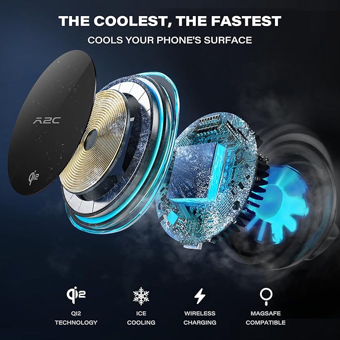 A2C for Qi2 15W Magsafe Car Mount Charger for Dashboard, Qi2-Certified Wireless MagSafe Car Charger with Semiconductor Cooler, Vacuum Magnetic Phone Holder for iPhone 17-12 Series [with PD Adapter]