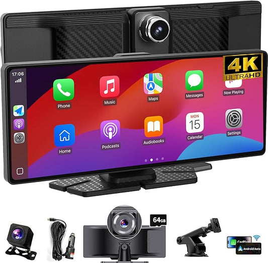 10.26″ Wireless Apple CarPlay & Android Auto Touchscreen – Portable Car Dashboard with 4K Front DVR, 1080P Rear Camera, GPS Navigation, Loop Recording, Mirror Link, Voice Control
