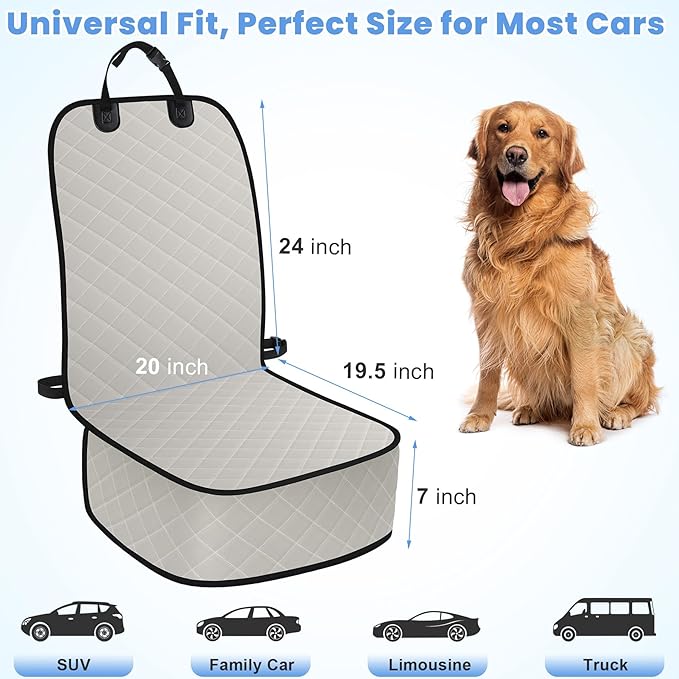 Dog Car Seat Covers, Waterproof Front Seat Cover for Dogs, Scratch-Proof, Nonslip Pet Passenger Seat Cover Protector, Universal Fit for Cars Trucks SUVs, Standard Size, Beige