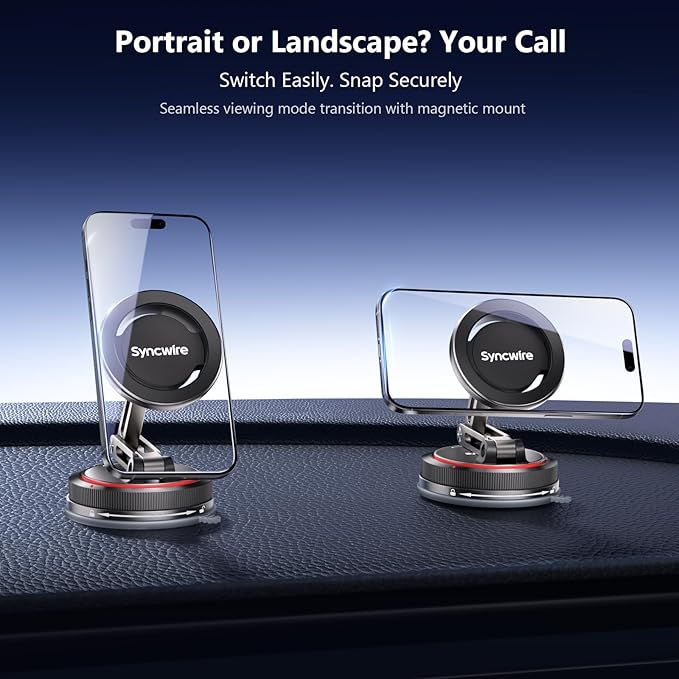 SYNCWIRE for MagSafe Car Mount [3-Axis] Nano Adhesive Gel + Strong Suction Cup Magnetic Phone Holder for Dashboard & Windshield, 360° Adjustable for iPhone 17 16 15 14 13 12, Samsung, Matte Black