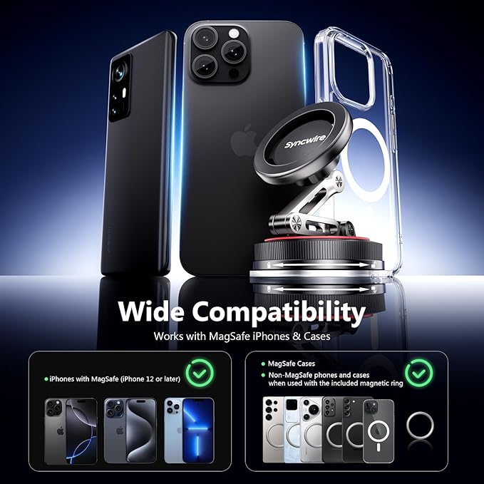 SYNCWIRE for MagSafe Car Mount [3-Axis] Nano Adhesive Gel + Strong Suction Cup Magnetic Phone Holder for Dashboard & Windshield, 360° Adjustable for iPhone 17 16 15 14 13 12, Samsung, Matte Black