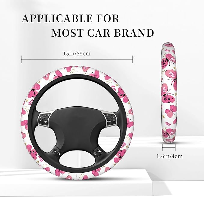 Pink Butterfly Car Steering Wheel Cover, Non-Slip Absorbing Sweat Car Wheel Cover Accessories for Men Women,Universal 15" Fit Auto SUV Vans Trucks