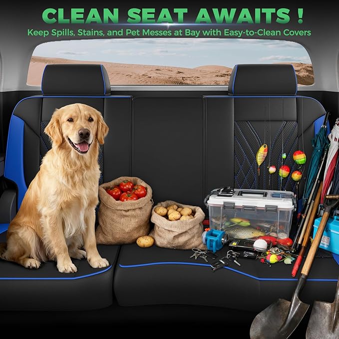 for Chevy Silverado GMC Sierra Waterproof Seat Covers, Crew Cab 1500 2014-2018, 2500HD 3500 HD 2015-2019, Truck Protectors Accessories Full Set, Black Blue