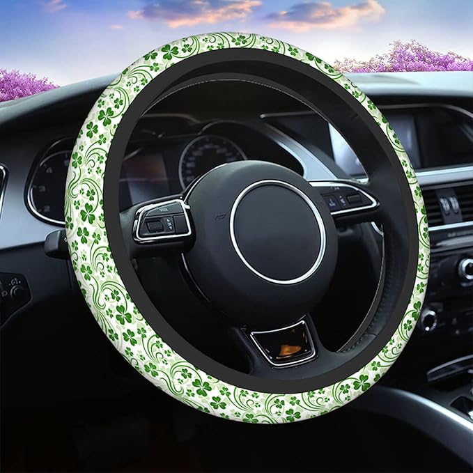 Swono Saint Patrick Day Shamrock Steering Wheel Cushion Case Abstract Flower Clover Leaf Lucky Irish Neoprene Car Steering Wheel Covers 15 Inch Anti Slip Compatible Auto Car Wrap Cover for Men Women