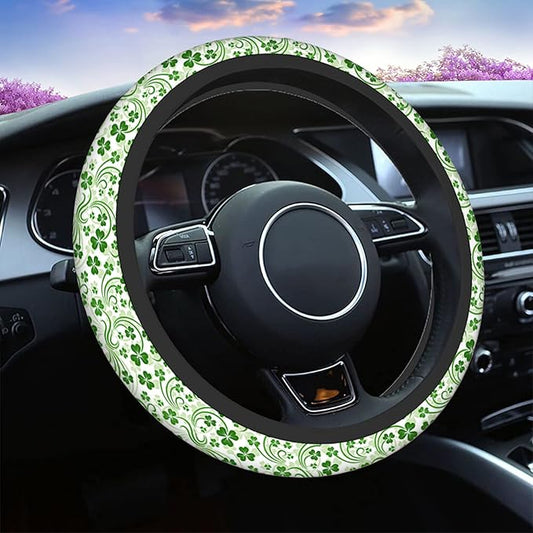 Swono Saint Patrick Day Shamrock Steering Wheel Cushion Case Abstract Flower Clover Leaf Lucky Irish Neoprene Car Steering Wheel Covers 15 Inch Anti Slip Compatible Auto Car Wrap Cover for Men Women