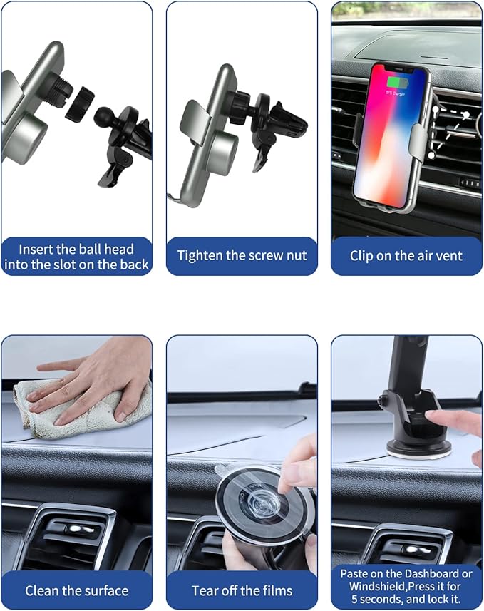 15W Car Mount Charger Qi Fast Wireless Charging Phone Mount, Windshield Dashboard Air Vent Auto Clamping Phone Holder for iPhone 11 12 13 14, 15, 16 Max Xs, Samsung S21 S22, S20, S10+ etc, Google Grey