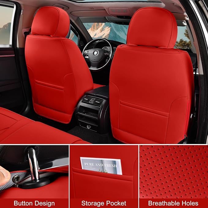Leather Car Seat Covers Full Set with Lumbar Support, Waterproof Car Seat Cover, Universal Seat Covers for Cars, Trucks, SUVs, Sedans, Airbag Compatible, Front Pair and Rear, Red