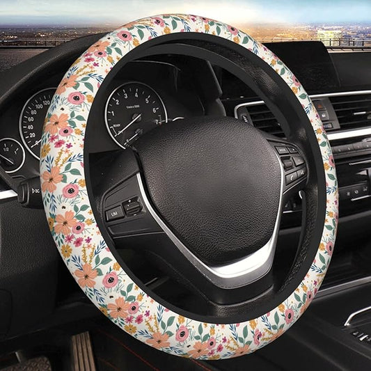Wild Rose Metallic Flowers Steering Wheel Cover for Women Elastic Rubber Steering Wheel Universal 15 Inch Fit for Cars, Auto, SUVs