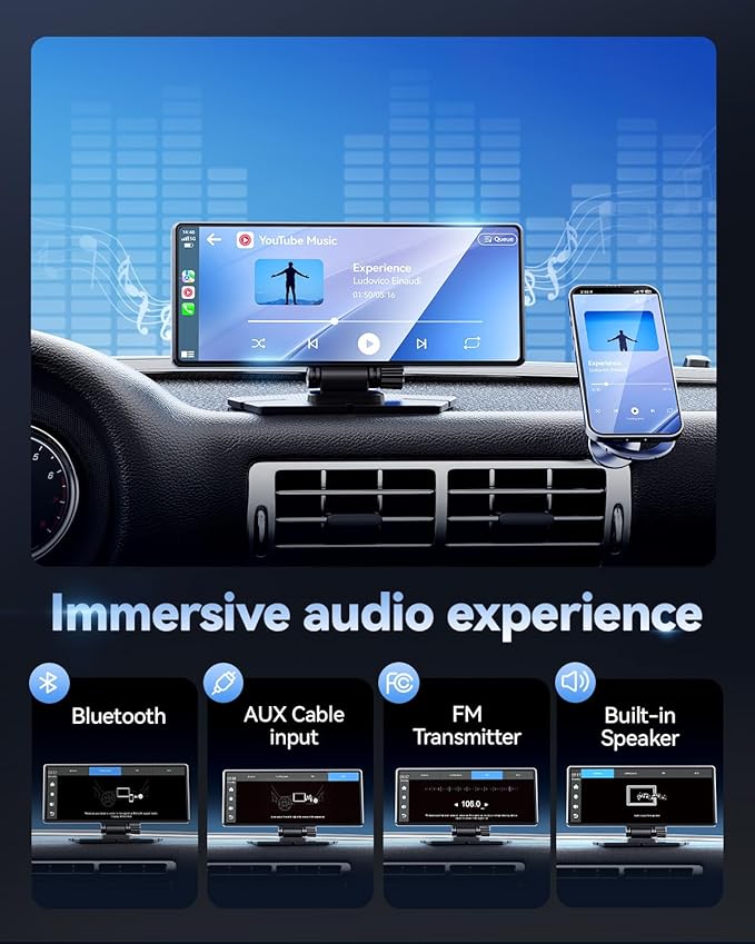 Carplay Screen for Car, 8.1" HD Portable Touch Screen Car Stereo with Android Auto, 4K Dash Cam, 1080P Backup Camera, GPS Navigation, Mirror Link, Bluetooth, AUX, FM Transmitter