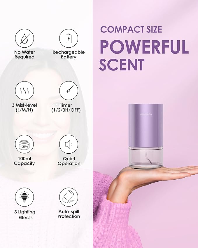 Airversa Essential Oil Diffuser Waterless Aromatherapy Diffusers for Home Large Room, Bedroom, Car, Office, Desk, Battery Operated, Small Diffuser for Pure Scent, 100mL Capacity, AN9 (Lavender)