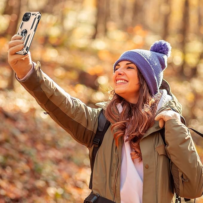 IKAZZ for iPhone 13 Case 6.1 Inch with Screen Protector,Military Grade Shockproof Heavy Duty Protective Phone Cover Pass 16ft Drop Test with Magnetic Kickstand Car Mount Holder,Gold