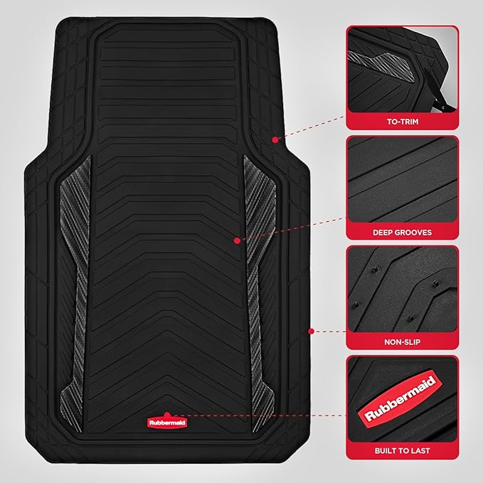 Rubbermaid Car Floor Mat, Heavy Duty All-Weather Car Mats Full Set with Dual-Tone Black Aluminum Inserts – Universal Fit, Anti-Slip Backing, Trim-to-Fit for Most SUV, Sedan, Van