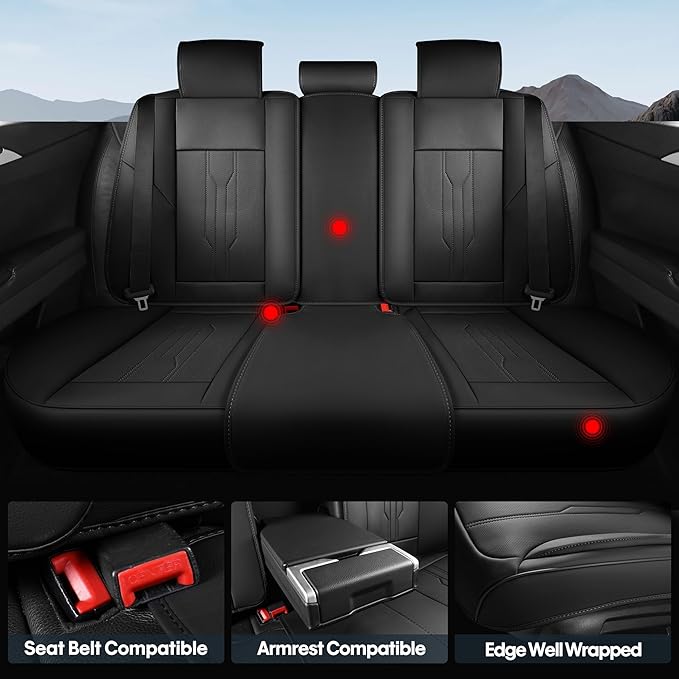 AOOG Seat Covers Custom Fit for Dodge Ram 1500/2500/3500 2002-2025 Faux Leather Seat Cover Set Compatible with Crew, Regular, Quad, Mega Cab, Car Truck Cushions (Black, Curved Rear, Full Set)