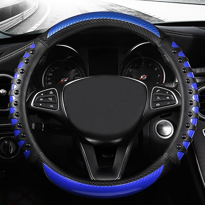 3D Massage Blue Carbon Fiber Leather Steering Wheel Cover, 14.5-15 Inch Non-Slip Breathable Microfiber Car Steering Wheel Protector