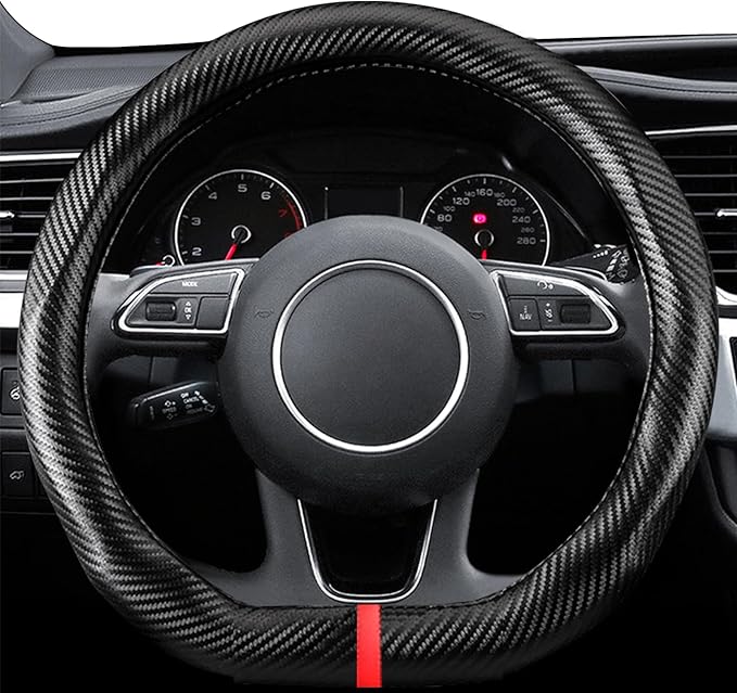 Ergocar Carbon Fiber Material Steering Wheel Cover Anti-Slip Breathable Sweat Absorbent Fashionable Sport Steering Wheel Sleeve for D-Shaped Diameter 15"（37.5-38cm）-Black Stripe