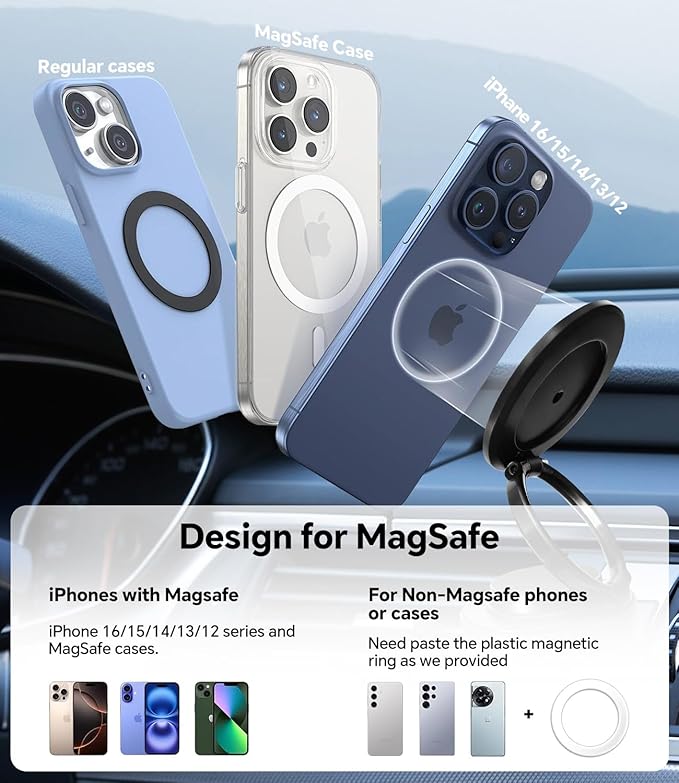 Upgraded MagSafe Vacuum Car Phone Holder, Strong Magnetic Phone Mount with Adjustable & Reinforced Suction Cup Design for Dashboard/Gym/Mirror, Compatible with iPhone & Android