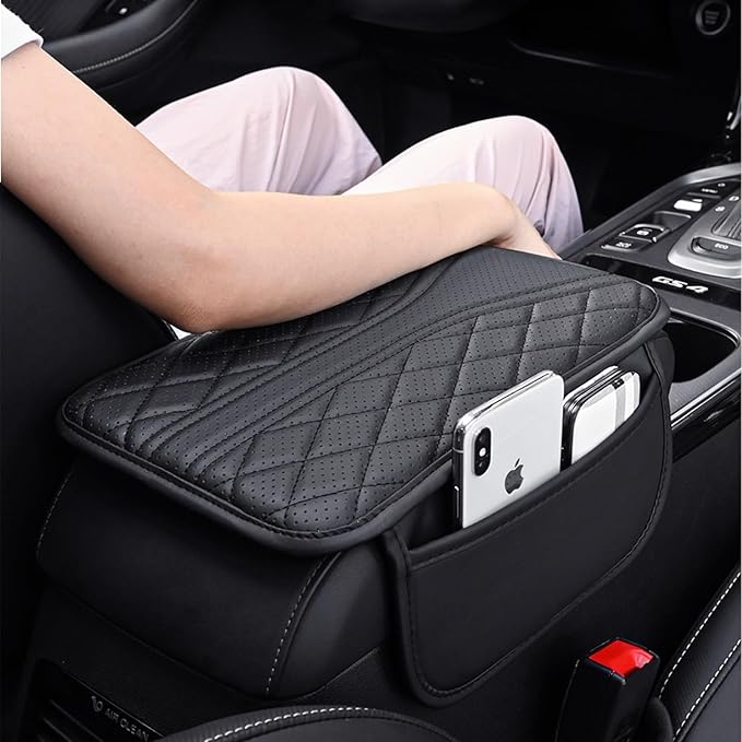 ESKONKE [Upgraded] Car Center Console Cover with 2 Storage Bags - Premium Nappa Leather Armrest Cover, Scratch & Wear Resistant, Waterproof Car Interior Accessories (Upgrade - Hampagne Beige)