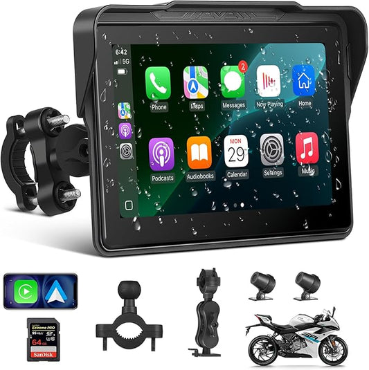 Motorcycle CarPlay Screen 7", Waterproof GPS Display for Motorbike, Wireless CarPlay & Android Auto para Moto, Dual Bluetooth, Touchscreen, Music Sharing Siri (7" CarPlay Dual Camera)