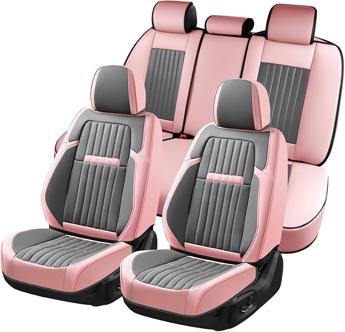 Coverado Car Seat Covers Full Set, Nappa Leather Seat Covers for Cars, Waterproof Car Seat Covers Front Seats and Back, Automotive Car Seat Protector Car Seat Cushion Fit for Most Cars (Pink&Grey)