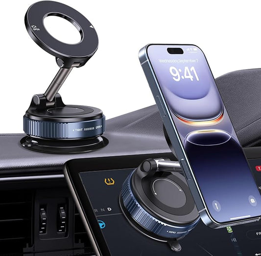 360° Rotatable Vacuum Magnetic Phone Holder, Foldable and Retractable Suction Cup Car Phone Mount for Car/Gym/Mirror/Smooth Surface, Compatible with iPhone Android and All Smartphones (Black)