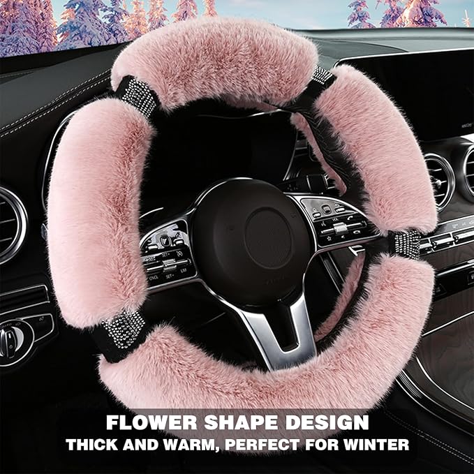 Fluffy Steering Wheel Cover for Women with Bling Crystal Diamond, Warm & Anti-Slip Plush Fur, Cute Girly Car Interior Decor Accessory, Universal Fit for 14.5-15 Inch Wheels (Pink)