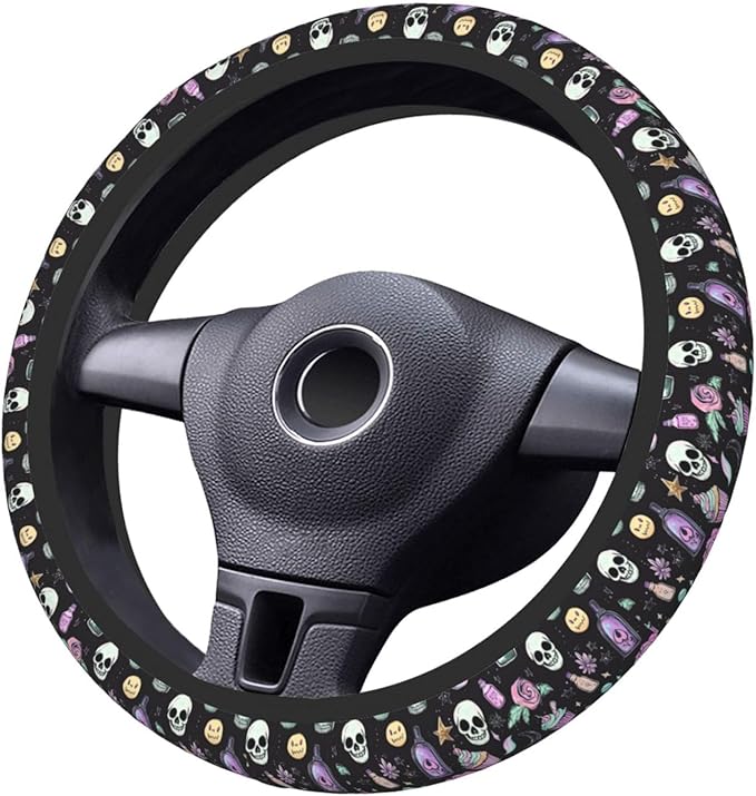 Gothic Skulls Steering Wheel Cover for Women Girls, 15 Inches Anti-Slip Steering Wheel Cover for Auto Truck SUV