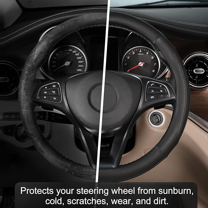 SEG Direct Car Steering Wheel Cover for Medium Standard Size Steering Wheels with 14 1/2-15 inches Outer Diameter, Black Microfiber Leather