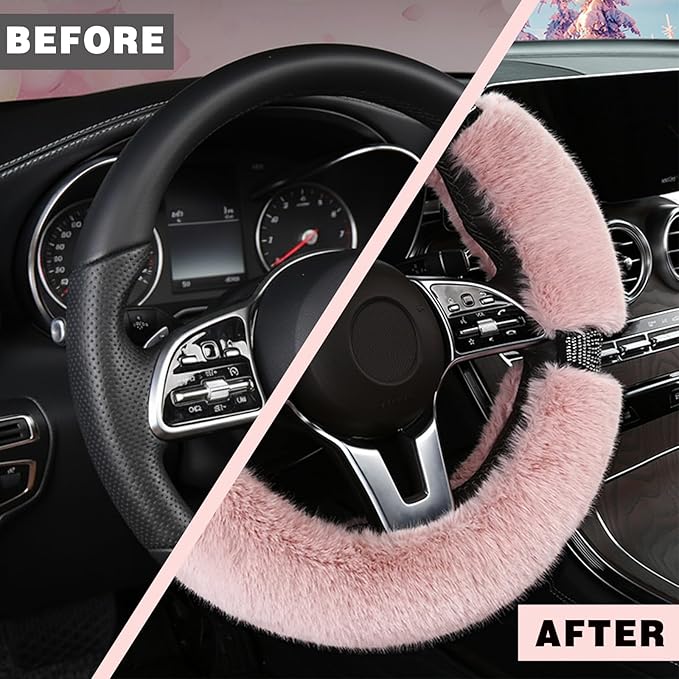 Fluffy Steering Wheel Cover for Women with Bling Crystal Diamond, Warm & Anti-Slip Plush Fur, Cute Girly Car Interior Decor Accessory, Universal Fit for 14.5-15 Inch Wheels (Pink)