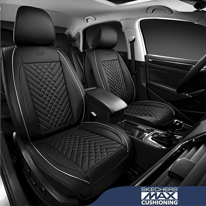Skechers MAX Cushioning Car Seat Covers,Memory Foam Piping Leather Seat Covers,Waterproof Car Seat Protector Full Set,Car Seat Cushion Airbag Universal Fit for Most Cars,Vans,Trucks,SUV,Grey