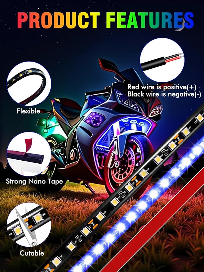 8 Pcs Car Led Light Strip IP67 Waterproof 11" Flexible Led Lights Underglow 12V for Car Motorcycle Boat Golf Cart Interior Exterior Decoration - Green, Blue, Red, White