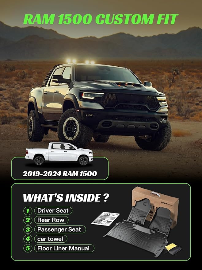 TPE All-Weather Floor Mats for Dodge RAM 1500 2019-2024 Car Mat for Truck Floor Liners (NOT Classic Model) Custom Fit Floor Liners Accessories (3-Piece Set, Black)