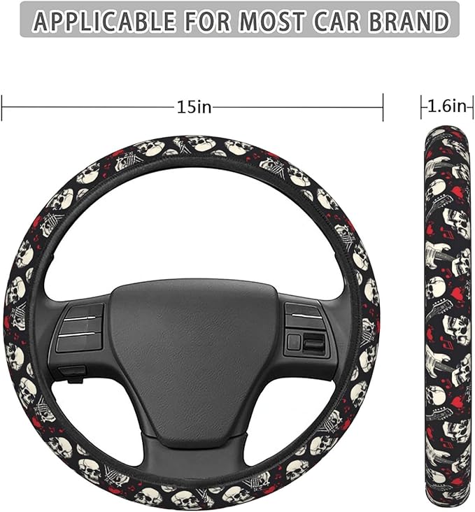 Rock Roll Skull Skeleton Love Music Steering Wheel Covers Anti-Slip Elasticity Car Accessories Steering Wheel Protector Universal 15 Inch for Cars SUV Vehicle Truck