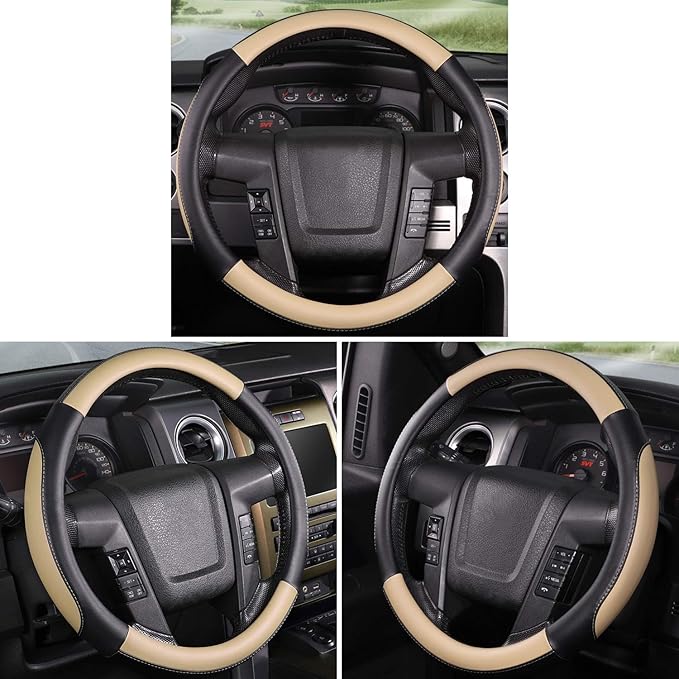 SEG Direct Car Steering Wheel Cover Large-Size for F150 F250 F350 Ram 4Runner Tacoma Tundra Range Rover with 15 1/2 inches-16 inches Outer Diameter, Black and Beige Microfiber Leather