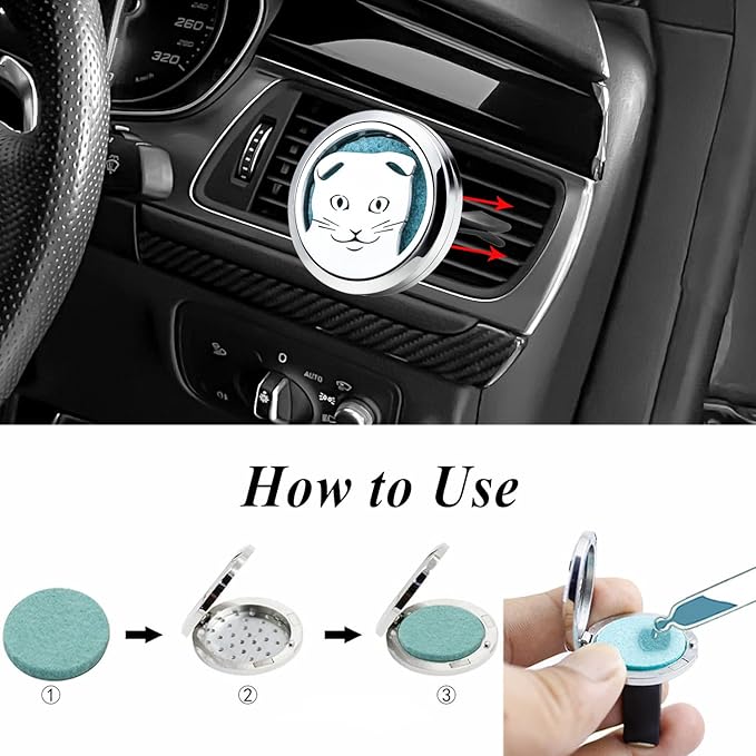30mm Car Essential Oil Diffuser Vent Clips Air Freshener Vent Clip Aromatherapy Car Accessories 10 Felt Pads for Gift Women (Cat)