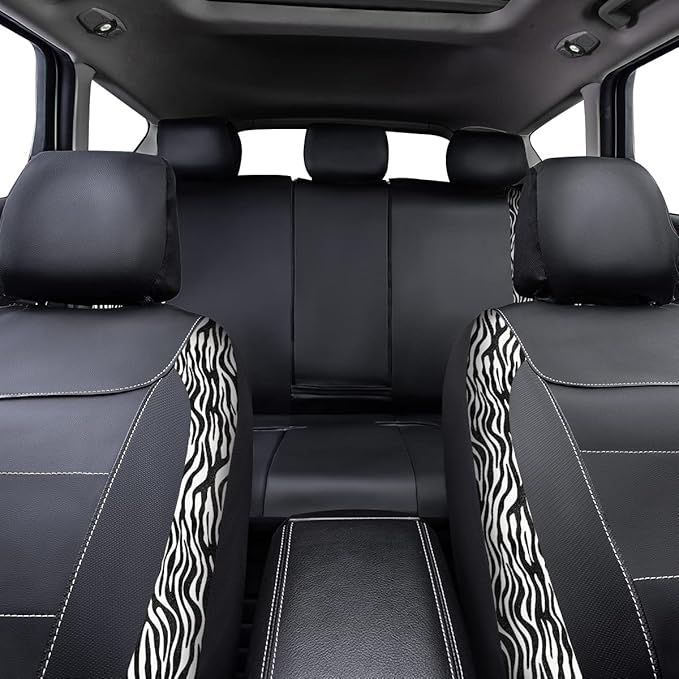 Flying Banner car seat Covers Protects Zebra Printing Velvet Faux Leather Carbon Fiber Front and Rear Bench Full Set (Zebra Black, Full Set - 8PCS)