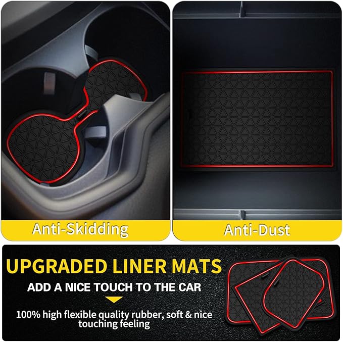 Premium Liner Mat Accessories Compatible with Toyota RAV4 2019-2024 and 2021-2024 RAV4 Prime, Custom Fit Cup Holder, Door Pocket and Center Console Inserts (Red Trim, 14-PCS)