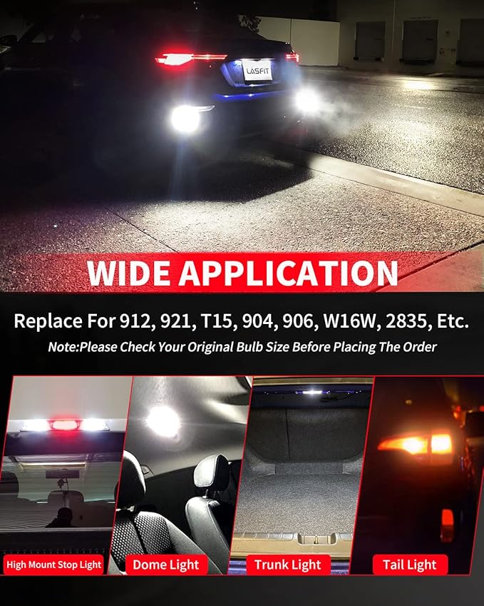 LASFIT 921 LED Bulb Reverse Light, 912 T15 6000K White Canbus Error Free W16W 906 904 Backup Replacement Cargo Lights For Car/Trunk, 300% Super Bright, Pack of 2