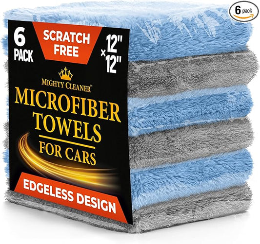 Edgeless Microfiber Towels for Cars – 6pk (12”x12”) - 540 GSM - Super Soft Detailing & Buffing – Scratch-Free & Absorbent Microfiber Cleaning Cloths for Car Polishing