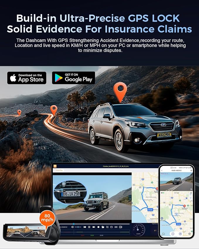 K600 4k Dash Cam Front and Rear, 3.59" IPS Screen, Built-in GPS 5G WiFi Dash Camera for Cars with App, UHD 2160P Night Vision Free 64G SD Card, 170° Wide Angle, HDR, 24H Parking Mode