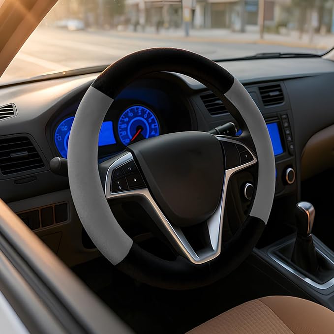 SEG Direct Car Steering Wheel Cover for F-150 Tundra Range Rover 15.25-16 inch, Warm Plush, Summer Winter, Black and Gray