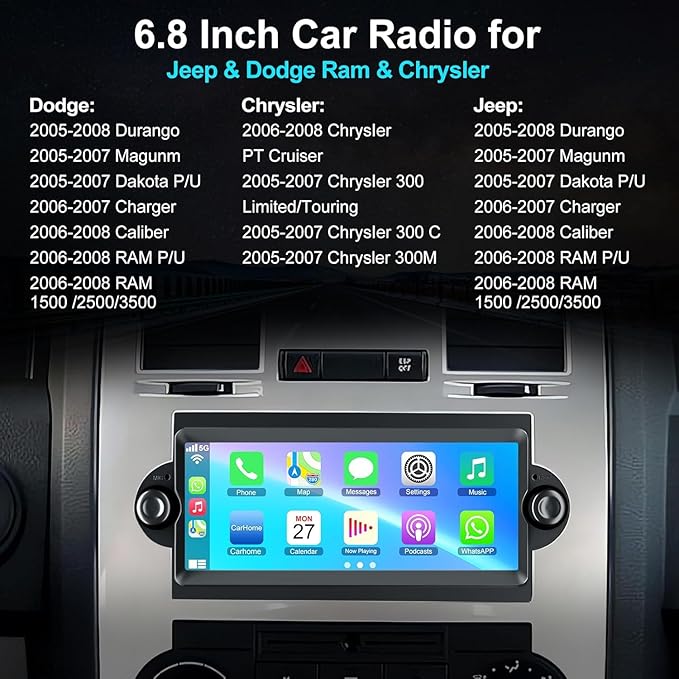 Android 13 Car Radio Stereo for Dodge Ram 2006 2007 2008, for Durango 2005 2006 2007 2008, 4GB RAM+64GB ROM Head Unit for Dodge, 6.8" CarPlay Touchscreen with Bluetooth and GPS Navigation