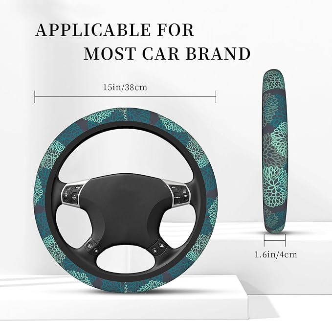 Abstract Green Blue Dahlia Steering Wheel Covers Universal 15 Inch Car Wheel Cover,Anti-Slip Breathable Car Accessories Protector Fit for Trucks,Sedans,SUVs,Vans