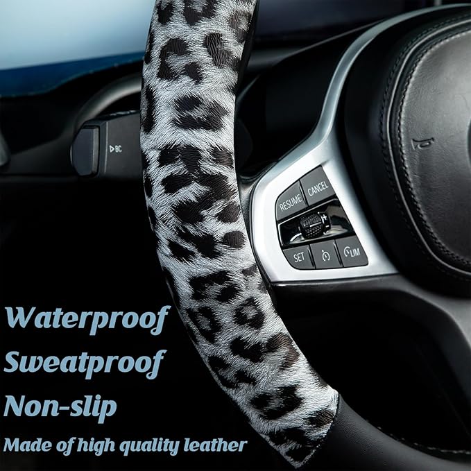 White Leopard Steering Wheel Cover Auto Leather Steering Wheel Protector, Anti-Slip, Breathable, Absorbing Sweat, Universal Leopard Car Accessories 14.5–15 inch,Fit for Most Car, Trucks, SUV