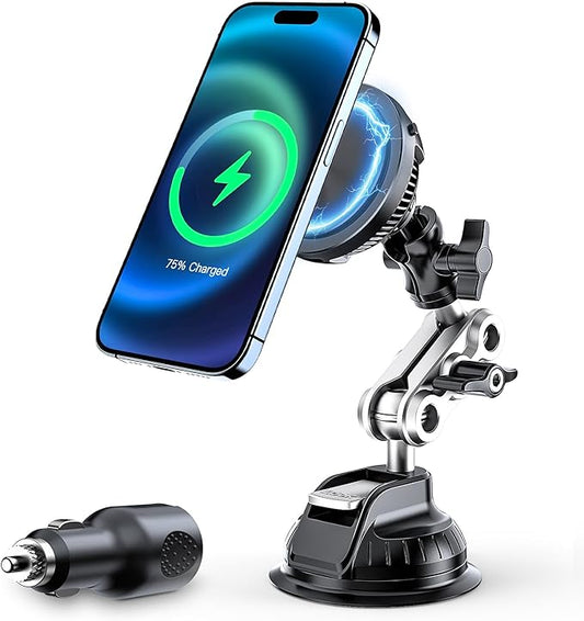 This Hill 15W Magnetic Wireless Car Charger Mount, Compatible with MagSafe, Phone Holder with 360° Suction Cup & Aluminum Alloy Telescopic Arm Compatible with iPhone 16 Pro Max 15 14 13 12