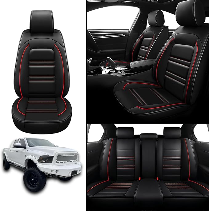 Seat Covers for Dodge ram 2500 2004-2011 | 5-Seats Leather Seat Covers, Easy to Install Automotive Seat Covers Full Set (Full Set, Black&Red Line)