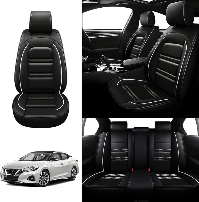 Seat Covers for Nissan Car Maxima 1999-2023 | 5-Seats Leather Seat Covers, Easy to Install Automotive Seat Covers Full Set (Full Set, Black&White Line)