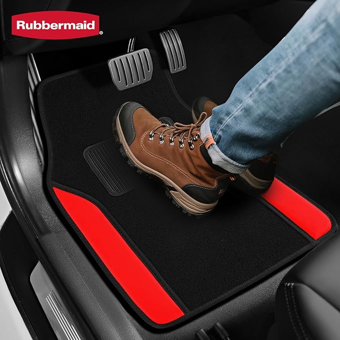 Rubbermaid Car Mats, Carpeted Floor Car Mat with Faux Leather & Built-in Heel Pad, Two-Tone Car Rug Floor Mats, Stylish Carpeted Floor Mats for Cars, Trucks & SUVs Red Color
