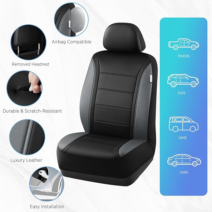 Road Comforts Leather Seat Covers, Breathable Car Seat Covers Front Seat for Men,Airbag Compatible, Automotive Seat Covers Set Universal Fit Most Cars,Vans,Truck,SUV